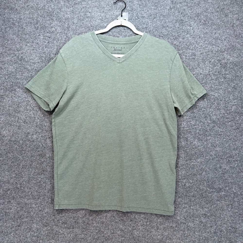 Lucky Brand Vneck Tshirt Mens Medium Green Venice Burnout Short Sleeve Casual